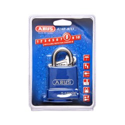 ABUS Submariner Series Premium Weatherproof Rekeyable Padlock with 53mm Blue Covered Brass Body and 25mm Stainless Steel Shackle KD Display Pack - 83WPIB53NC