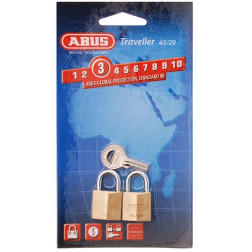 ABUS 65 Series Premium Padlock with 20mm Brass Body and 11.5mm Hardened Steel Shackle KA Twin Pack - 6520TWINSC