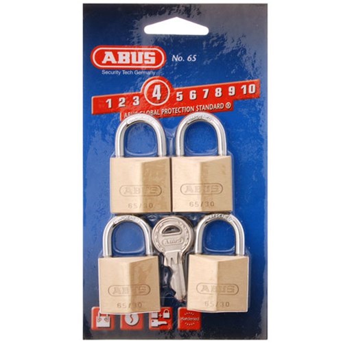 ABUS 65 Series Premium Padlock with 30mm Brass Body and 17mm Hardened Steel Shackle KA Quad Pack - 6530QUADSC