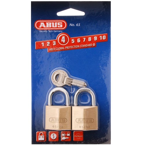 ABUS 65 Series Premium Padlock with 30mm Brass Body and 17mm Hardened Steel Shackle KA Twin Pack - 6530TWINSC