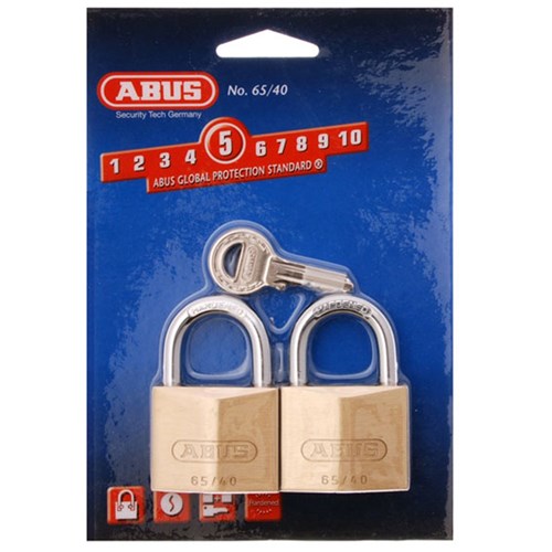 ABUS 65 Series Premium Padlock with 40mm Brass Body and 23mm Hardened Steel Shackle KA Twin Pack - 6540TWINSC