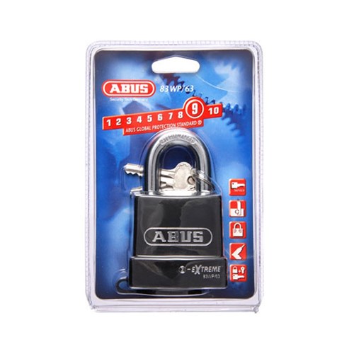 ABUS Extreme Series Premium Weatherproof Rekeyable Padlock with 63mm Black Covered Hardened Steel Body and 36mm Hardened Steel Shackle KD Display Pack - 83WP63NC