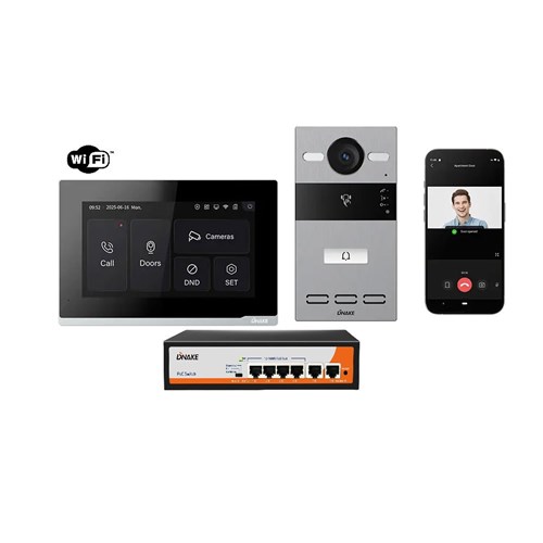 Dnake Black IP Video Door Intercom Kit with 7-Inch WiFi Touchscreen Monitor, 1-Button Door Station & PoE Switch - IPK07-Black