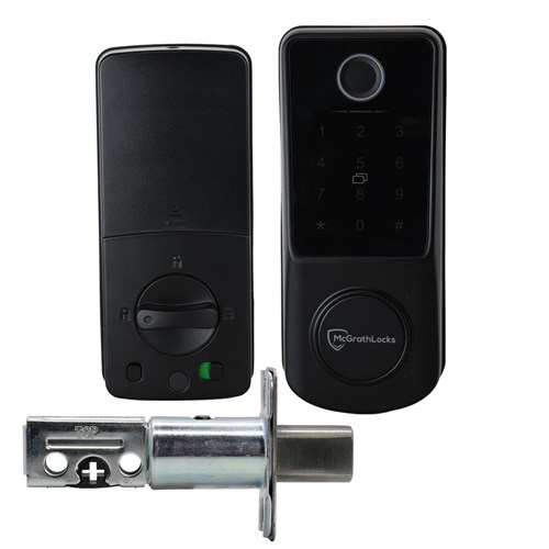 McGrath Locks Kedron Smart Deadbolt, Tempered Glass Screen with Fingerprint, Black Finish with 60/70mm Adjustable Bolt